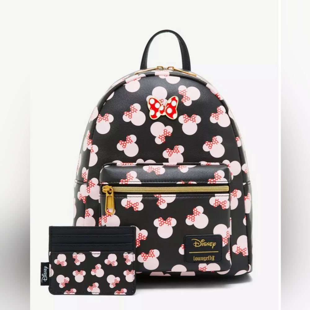 Loungefly Disney Minnie Mouse Pink Heads Mini Backpack with Cardholder NWT